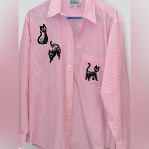 Vintage Pink Checkered Long Sleeve Shirt with Black Cats 🐈‍⬛ L